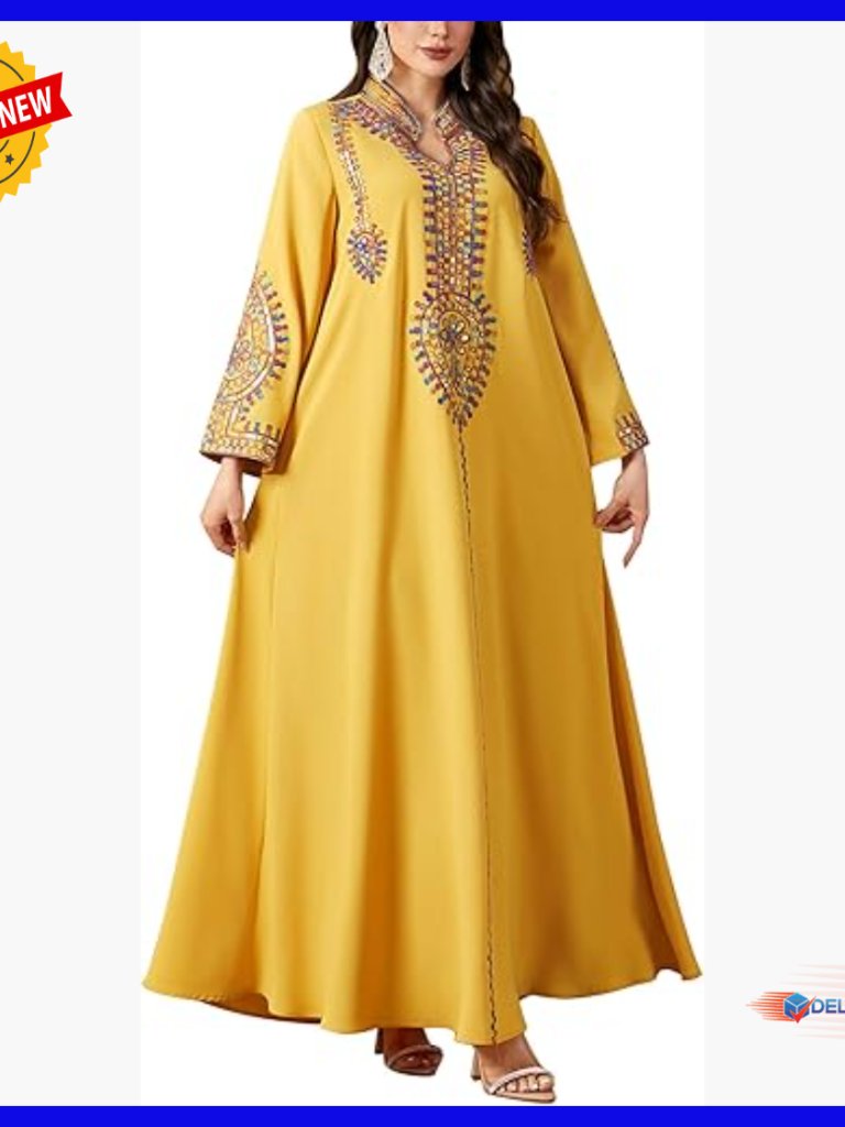 Floral Embroidery Maxi Dress Loose Fit Long Sleeve Kaftan X-Large